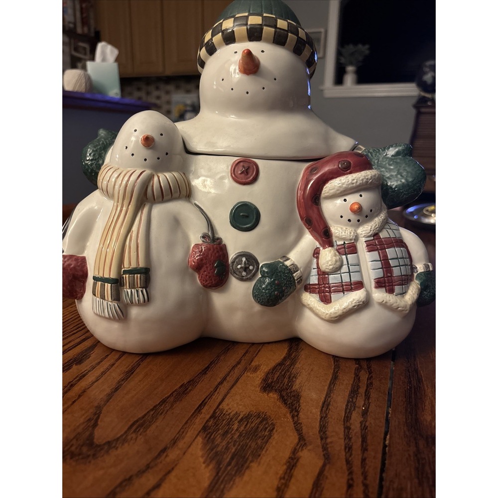 RARE! Sakura Cookie Jar 3 Snowman & Snow Debbie Mumm Vintage Holiday Winter